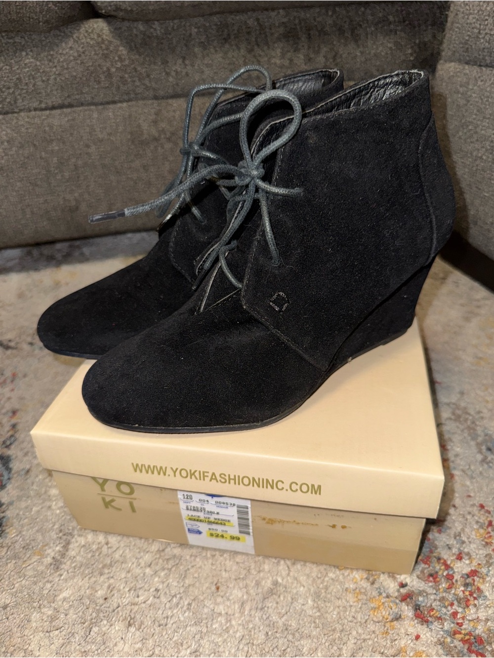 Yoki Black Suede Lace-Up Wedge Ankle Boots